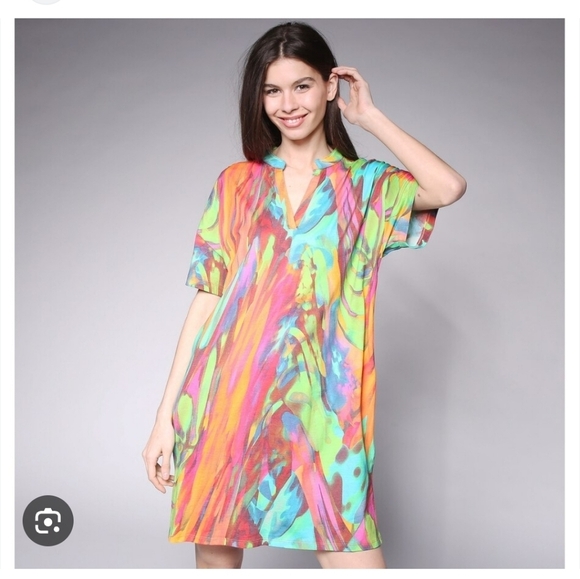 Natori Dresses & Skirts - NATORI | Paradise Cotton Dress Split Crewneck Watercolor Sz LARGE